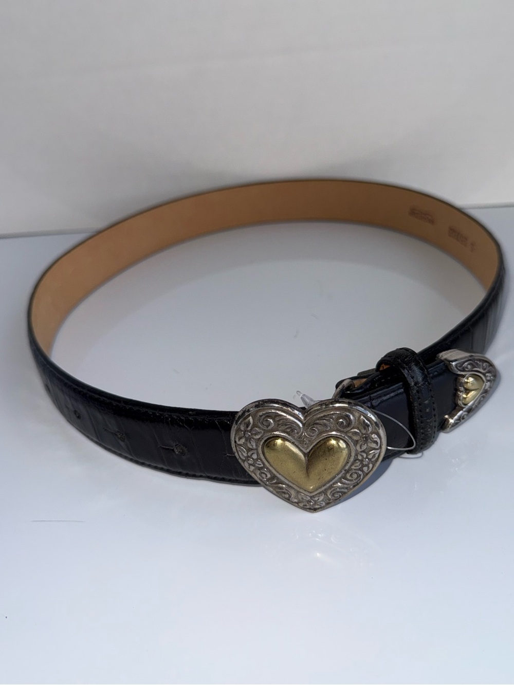 BRIGHTON Handcrafted Heart Buckle Mixed Metal Vintage Black Leather Belt 31 in